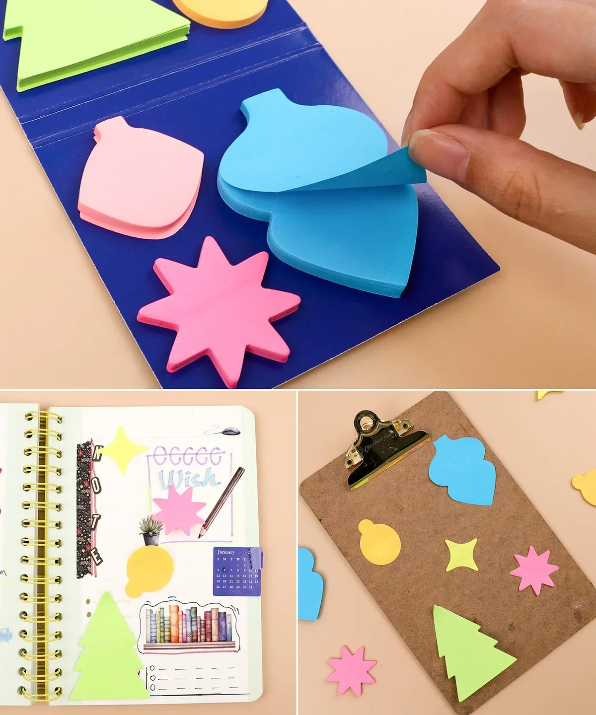 A Pocket Full Of Happiness Sticky Notes in various bright shapes being peeled and used for decorating planners and clipboards