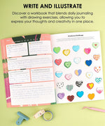 Open pages of Grabie x AATA Rock Your Inner Strength 4-Week Workbook showing journaling and colorful heart illustrations