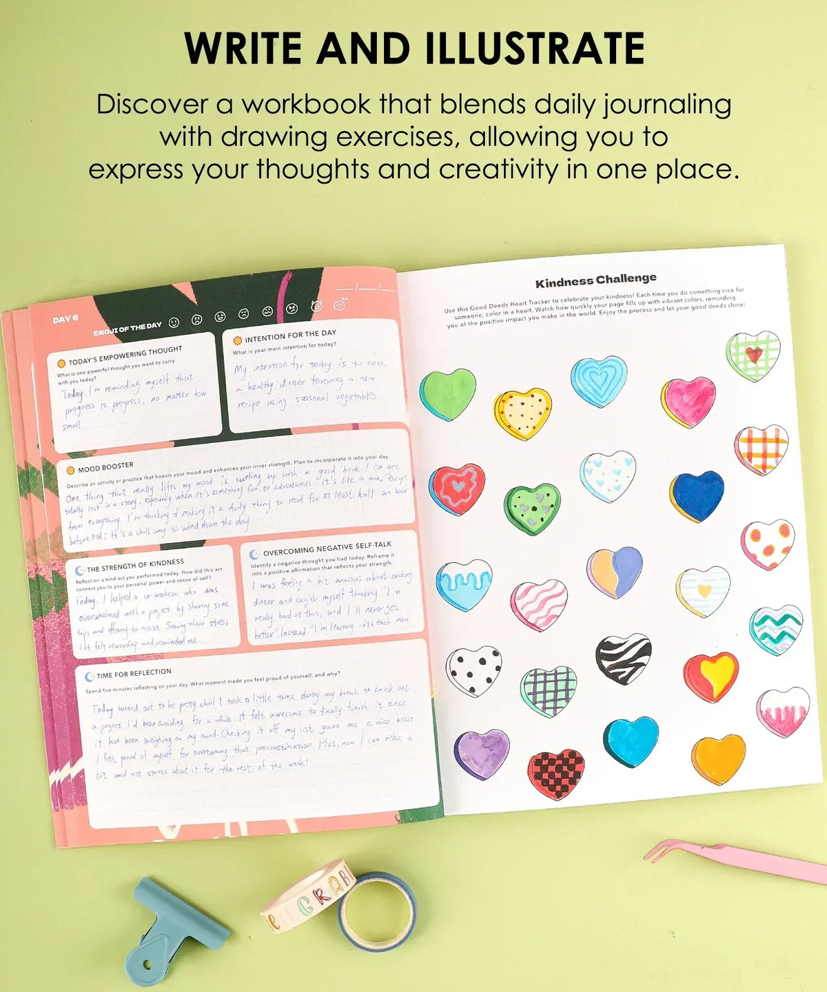 Open pages of Grabie x AATA Rock Your Inner Strength 4-Week Workbook showing journaling and colorful heart illustrations