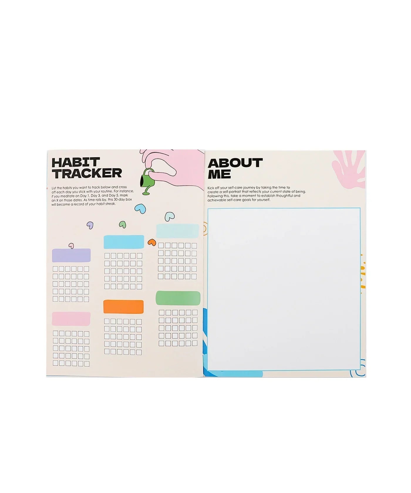 Open Be You And Love You 28-day Workbook showing habit tracker and about me pages with colorful design accents