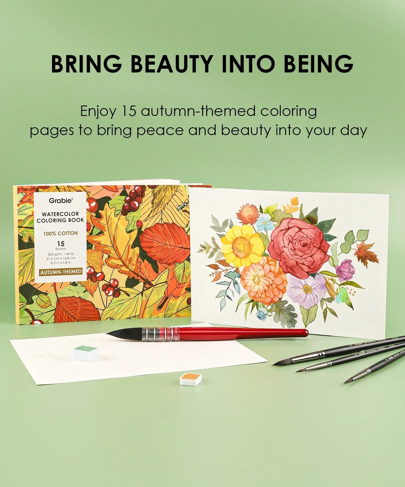 15 Sheets 140LB Autumn-Themed Watercolor Coloring Book with brushes and watercolor floral art on green background