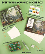 Forest-Themed Watercolor Coloring Club Box with watercolor book, paper sheets, 12 watercolors, brush pen, sponge, and swatch sheet