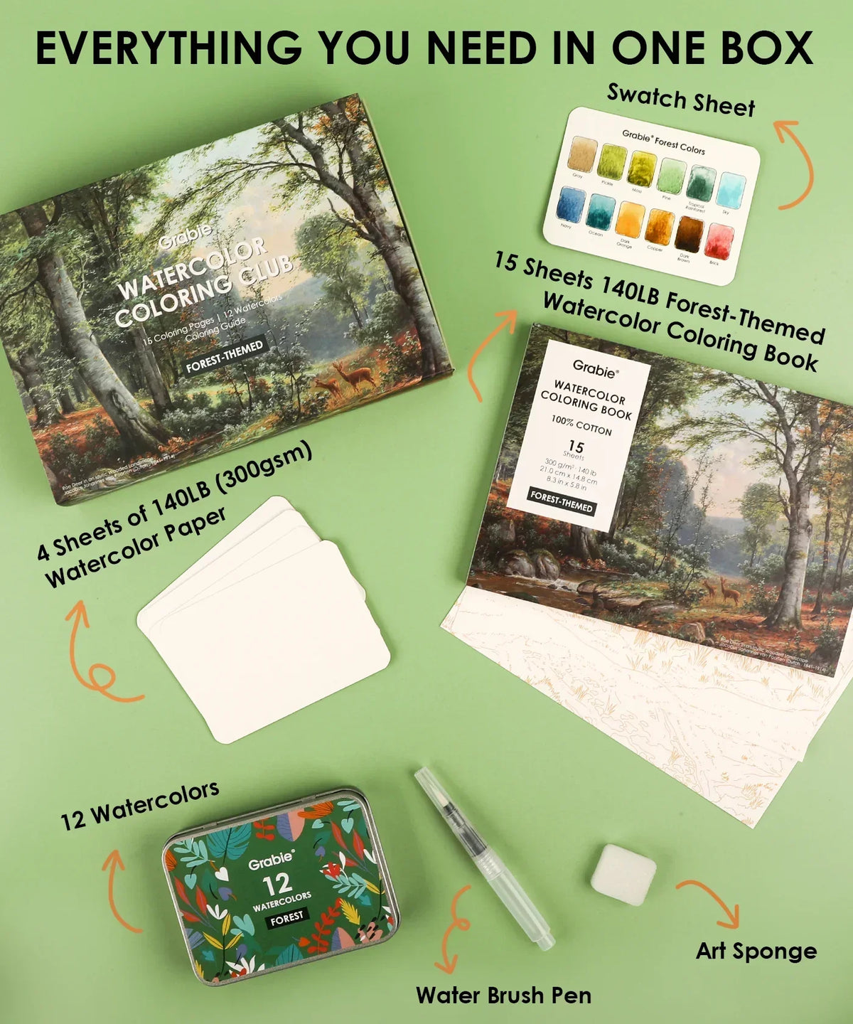 Forest-Themed Watercolor Coloring Club Box with watercolor book, paper sheets, 12 watercolors, brush pen, sponge, and swatch sheet