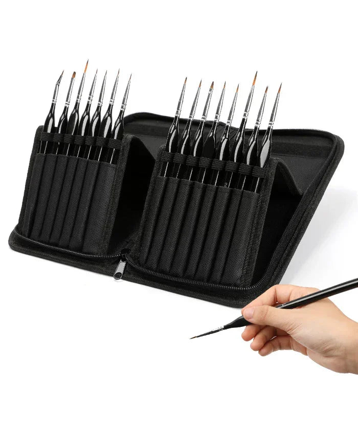 15 Pcs Miniature Detail Brush Set with fine tips held in black zippered case for precise watercolor and art supplies use