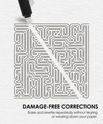 Medium Point Erasable Gel Pen Set erasing cleanly on maze drawing demonstrating damage-free corrections.