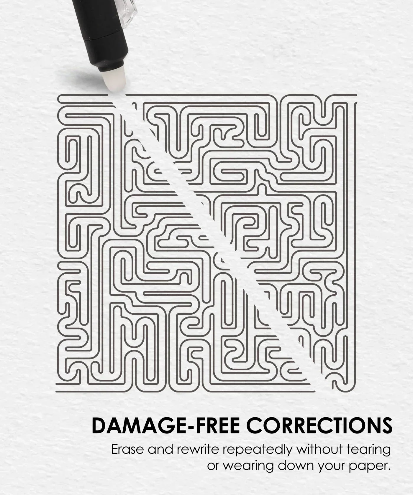 Medium Point Erasable Gel Pen Set erasing cleanly on maze drawing demonstrating damage-free corrections.
