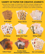 200+ Pages Autumn Palette Collage Activity Book For Faire featuring various papers, stickers, and art supplies for creative projects