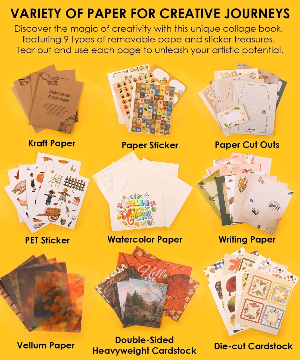 200+ Pages Autumn Palette Collage Activity Book For Faire featuring various papers, stickers, and art supplies for creative projects