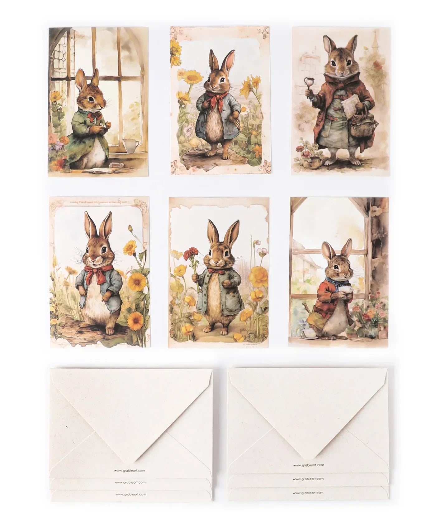 Grabie Exclusive 6 Pack Postcards With 6 Matching Envelopes featuring watercolor rabbit illustrations in vintage style