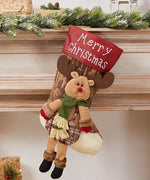 2 Pcs Large Size Christmas Stockings For Gift with reindeer design and Merry Christmas text hanging on mantle