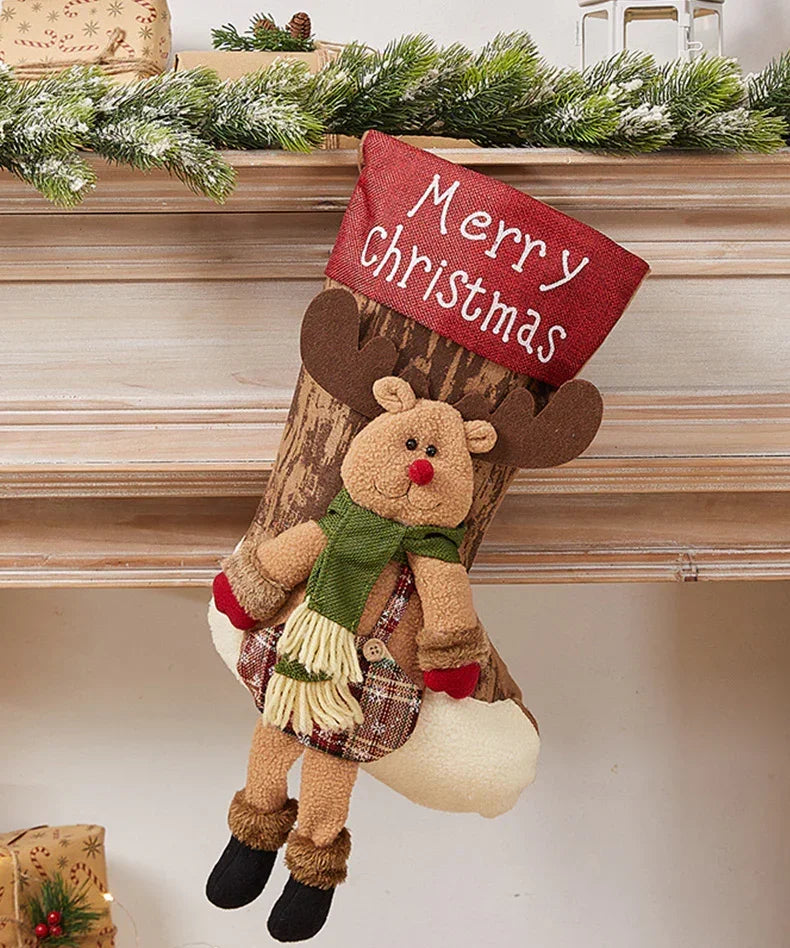 2 Pcs Large Size Christmas Stockings For Gift with reindeer design and Merry Christmas text hanging on mantle