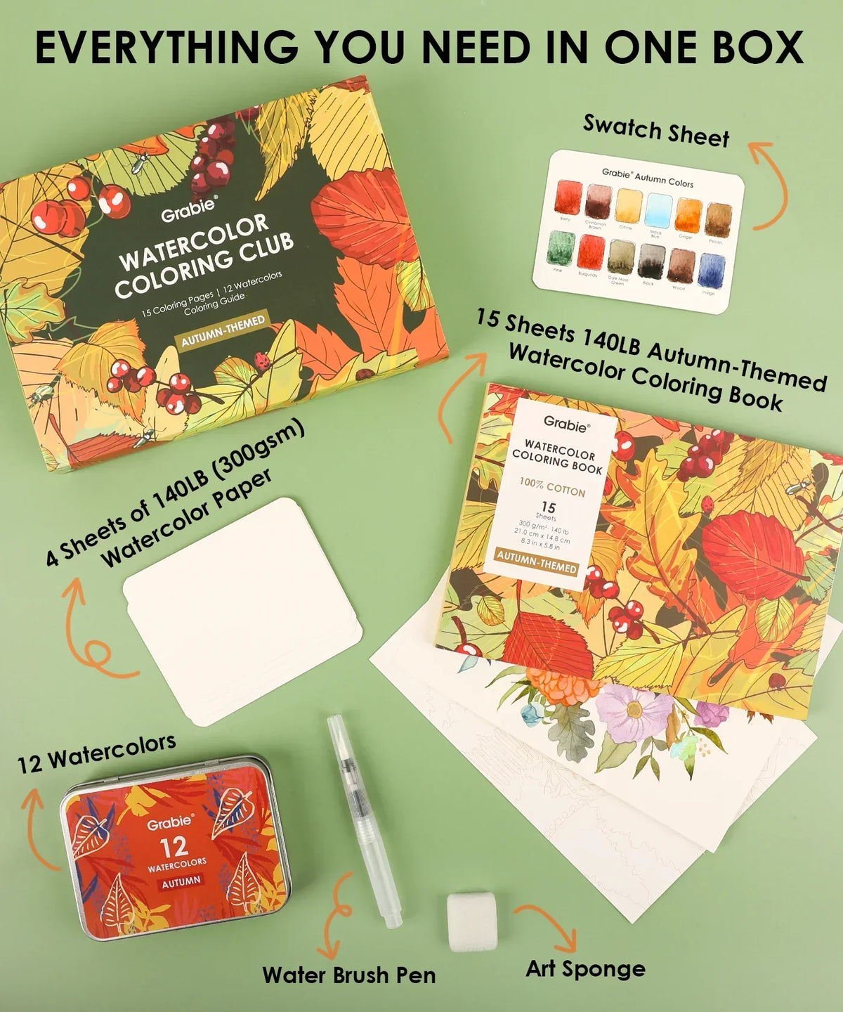 Autumn-Themed Watercolor Coloring Club Box with paints, brush pen, sponge, paper sheets, and color swatch sheet