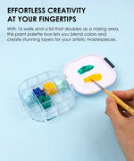 Hand using paintbrush with colorful paint palette near 3-in-1 Paint Brush Cleaner Bucket on blue background