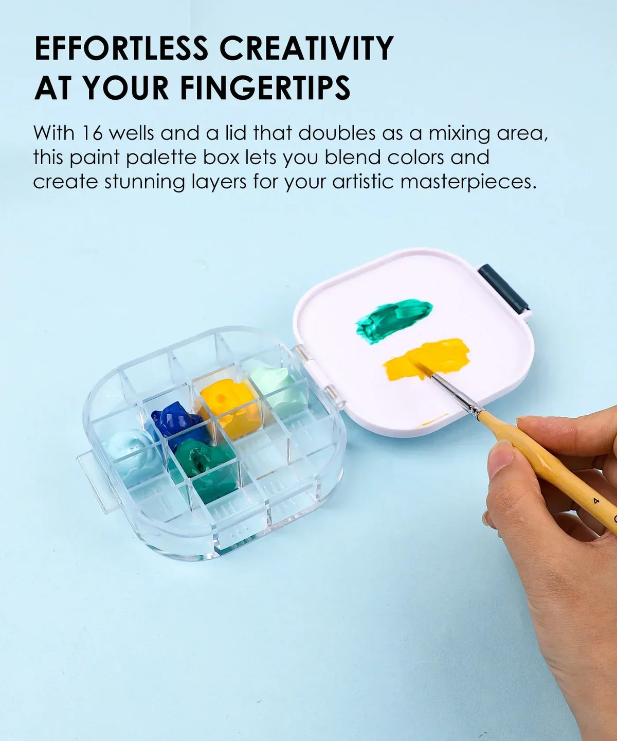 Hand using paintbrush with colorful paint palette near 3-in-1 Paint Brush Cleaner Bucket on blue background