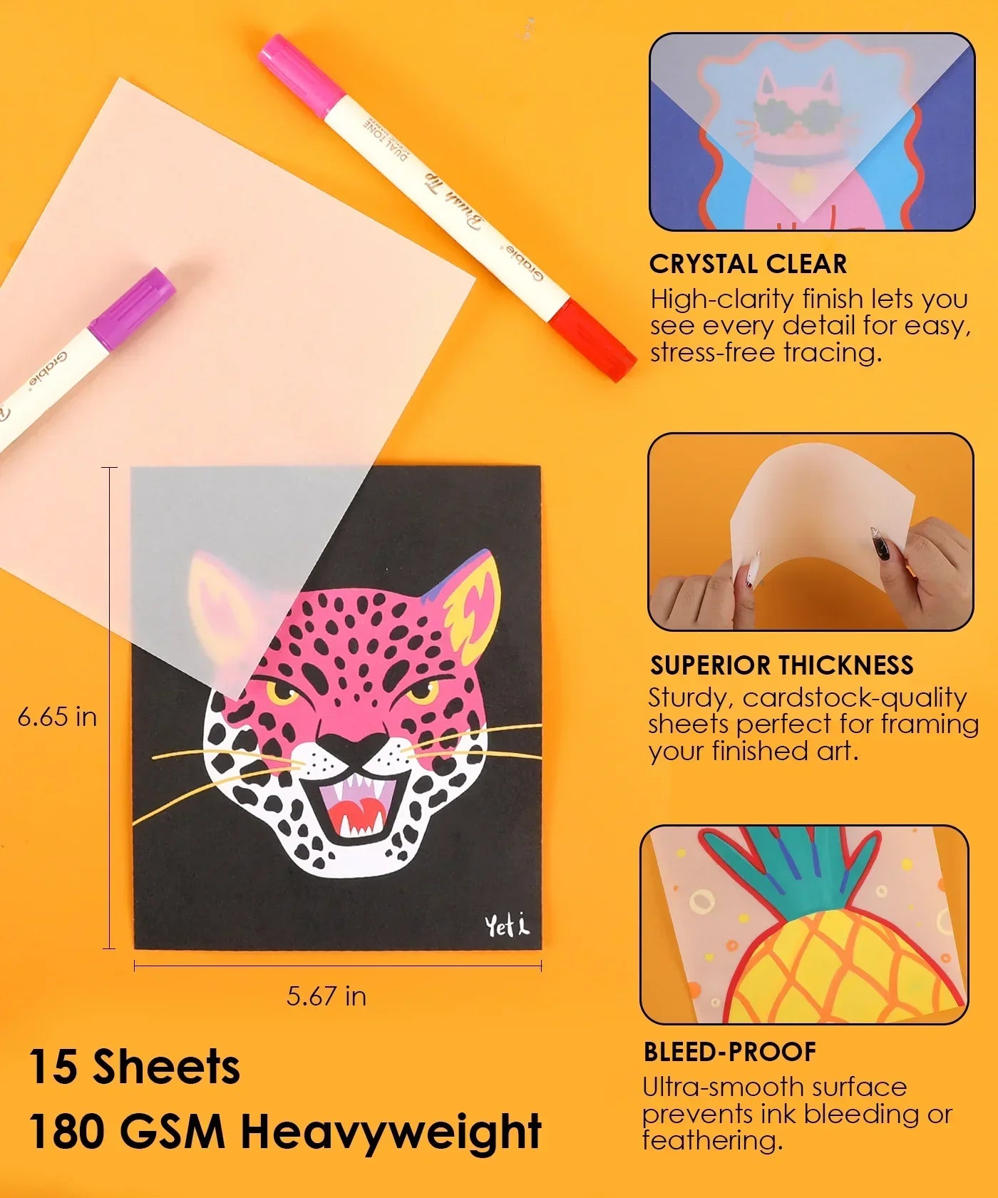 Trace & Color Drawing Kit with heavyweight transparent sheets, vibrant markers, and clear, bleed-proof tracing paper.