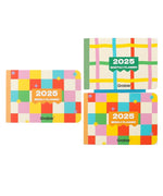 Three colorful 2-IN-1 2025 Monthly & Weekly Planner books with geometric patterns and bright pastel colors.