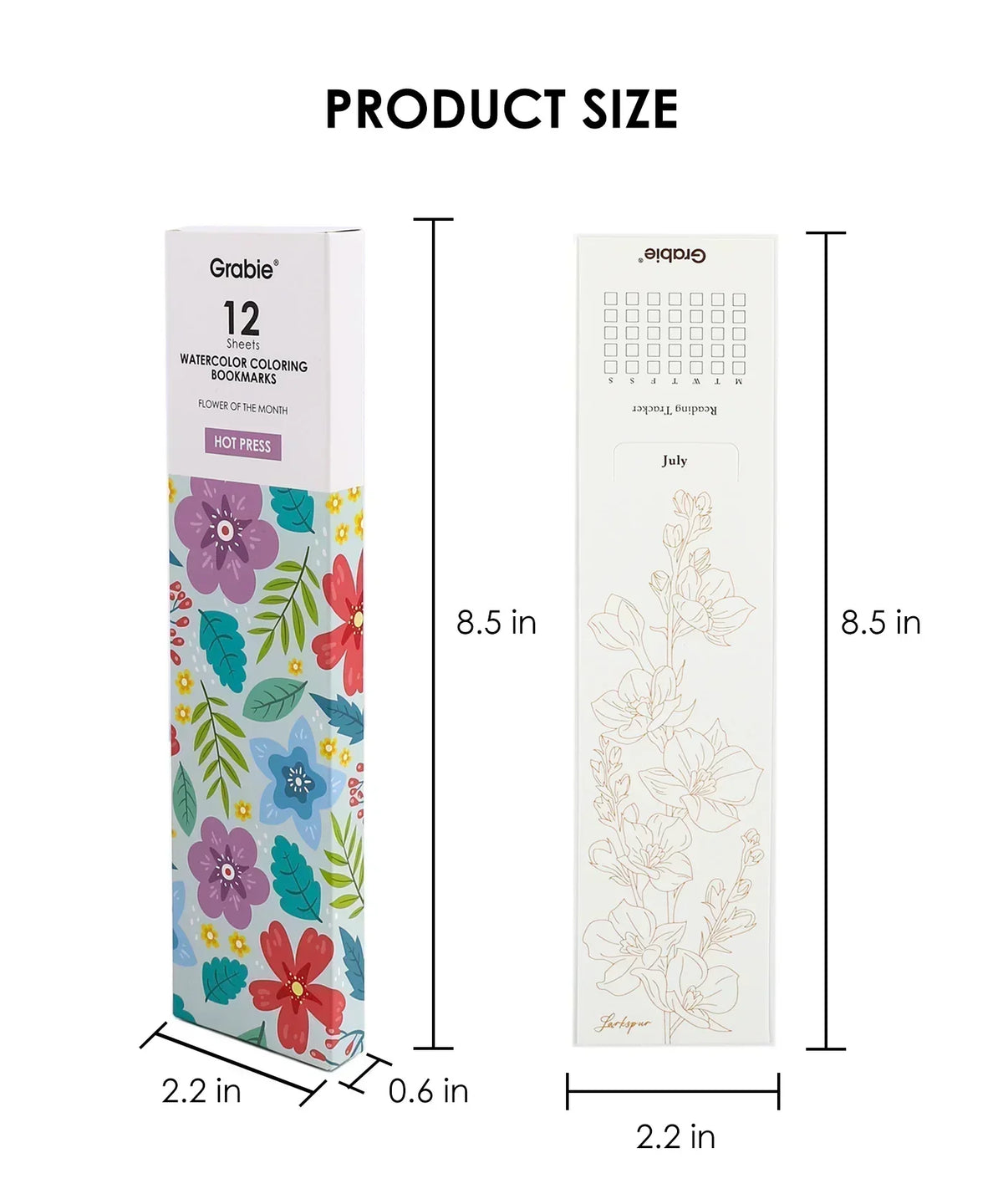 The Watercolor Beginner‘s Bundle packaging showing floral bookmarks and product dimensions with colorful art supplies design.