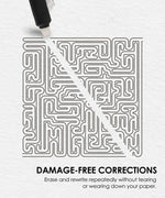 Erasable Medium Point Erasable Gel Pen Set correcting ink on a maze drawing for damage-free corrections.
