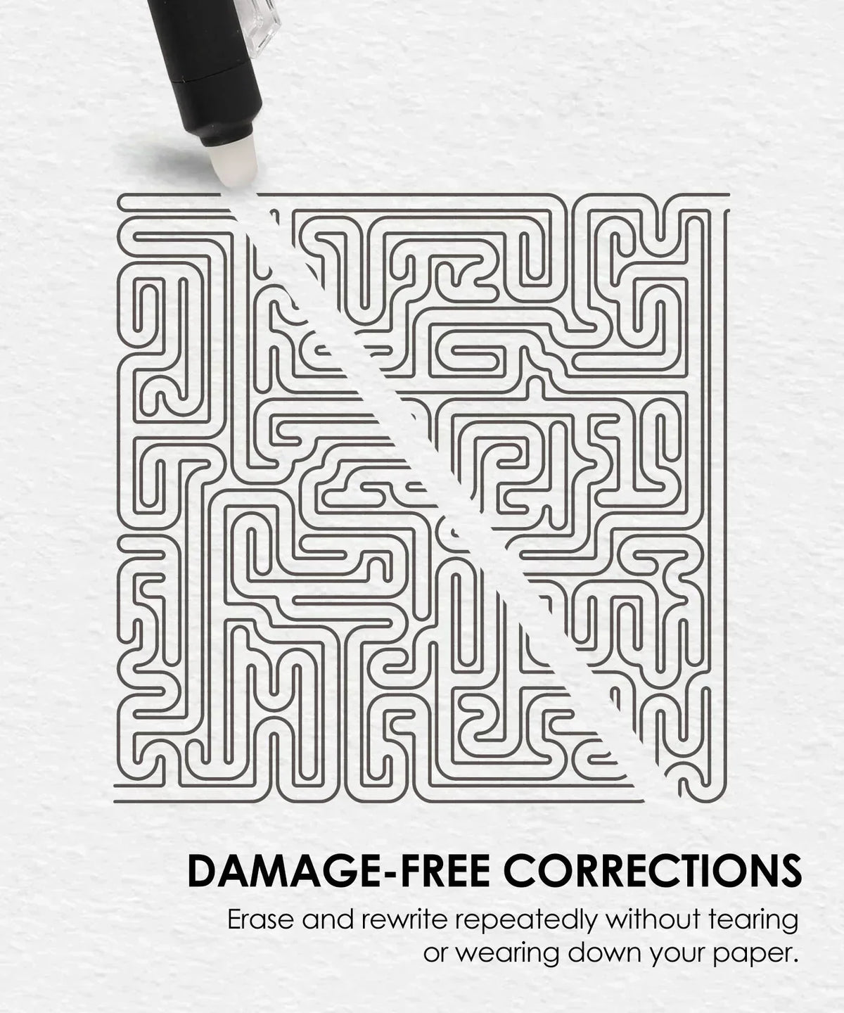Erasable Medium Point Erasable Gel Pen Set correcting ink on a maze drawing for damage-free corrections.