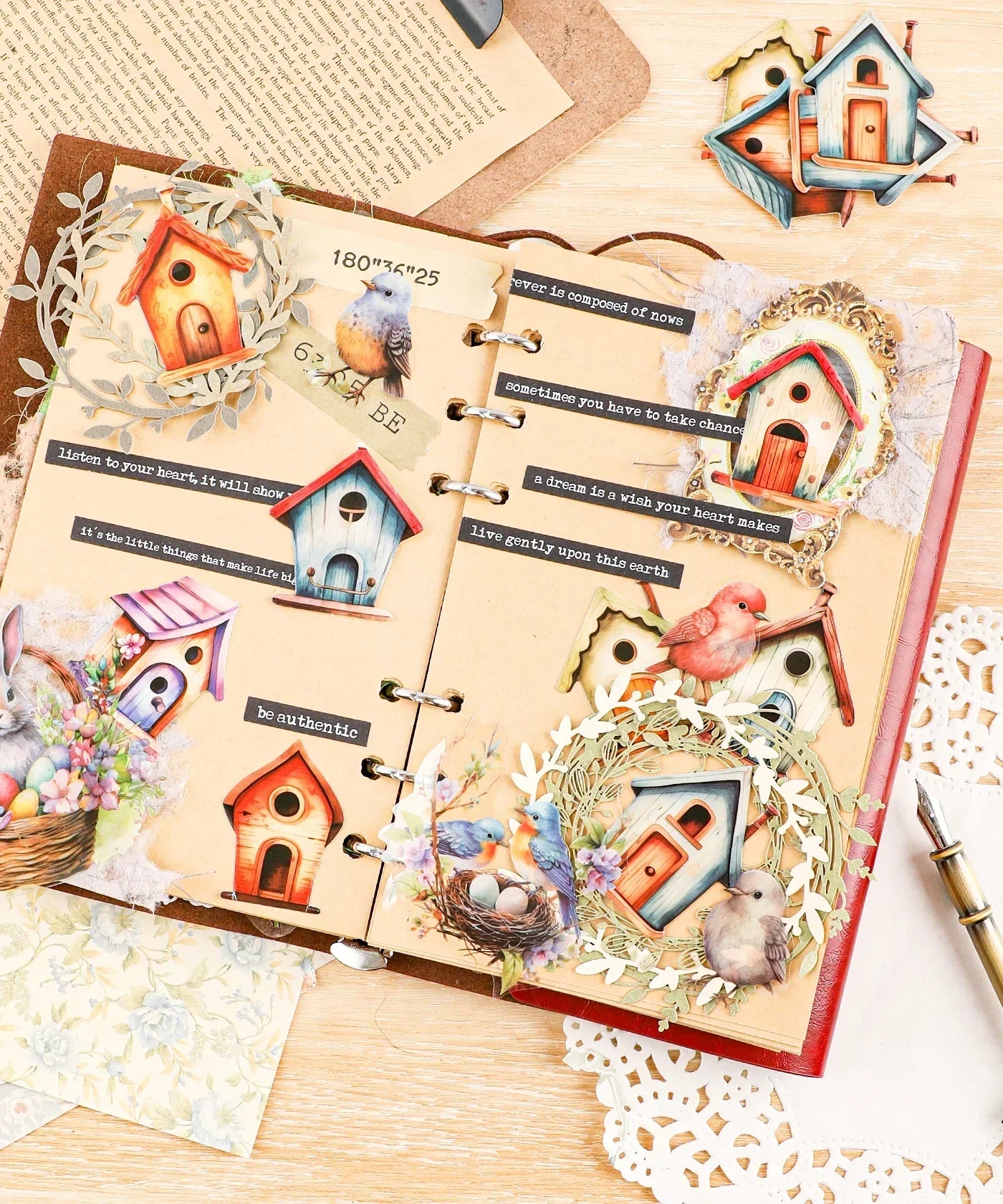 Open scrapbook with colorful birdhouse stickers and decorative elements from the 20 Pcs Grabie Exclusive Fairybird House Sticker Set