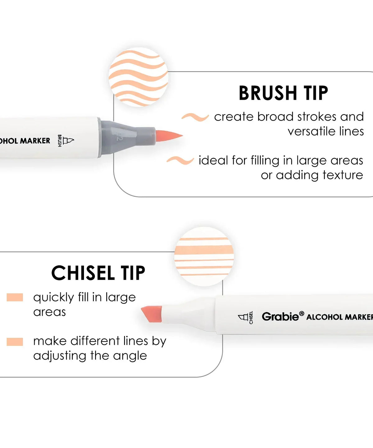 Dual-Tip Skin Tone Alcohol-Based Marker Set of 36 with brush tip for broad strokes and chisel tip for versatile lines and large areas