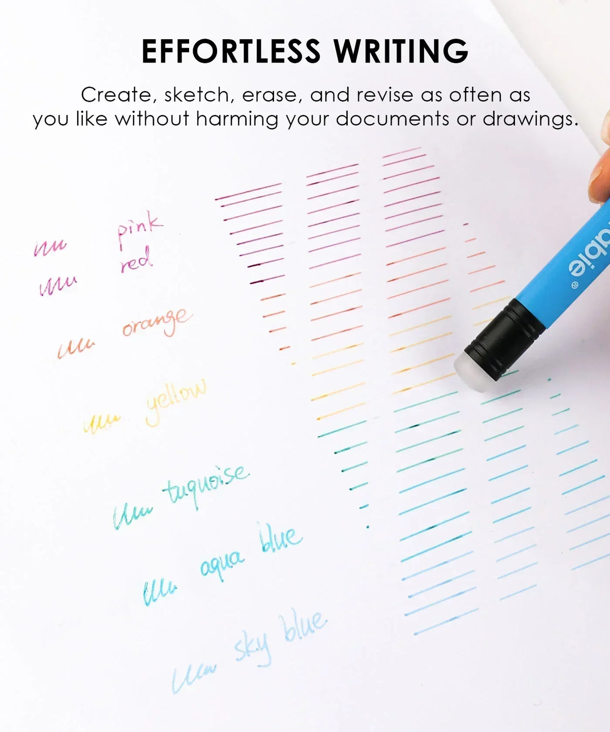 Colorful gel pen strokes and handwriting erased smoothly using Medium Point Erasable Gel Pen Set with vibrant ink colors