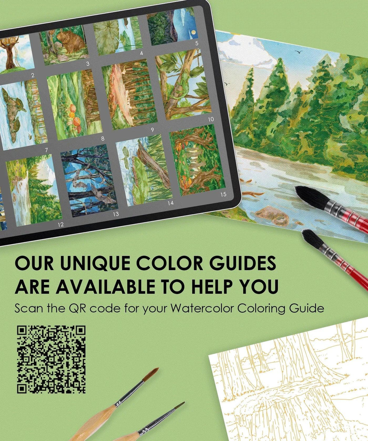 15 Sheets 140LB Forest-Themed Watercolor Coloring Book with paintbrushes and digital color guide on tablet