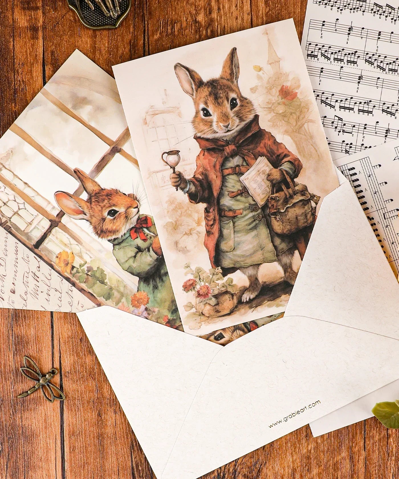 Grabie Exclusive 6 Pack Postcards With 6 Matching Envelopes featuring vintage-style illustrated rabbits in detailed clothing