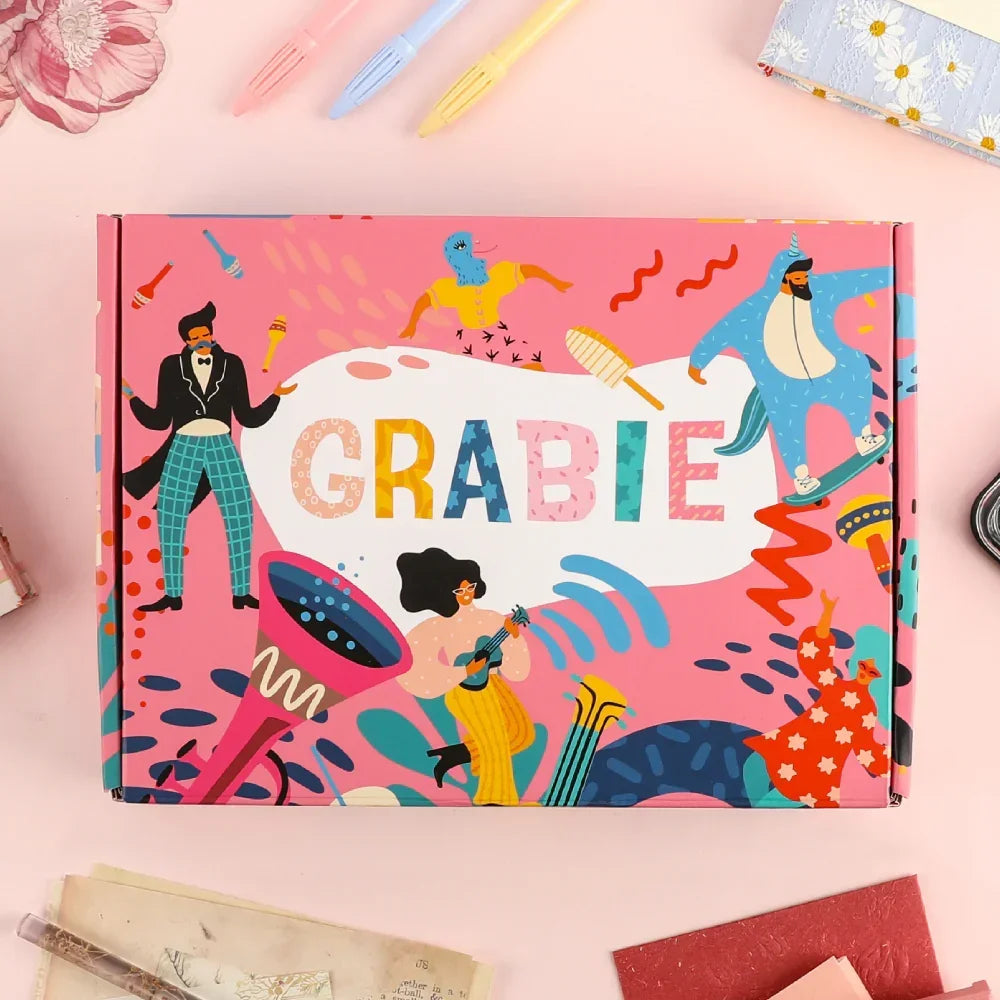 Colorful Grabie art supplies box with playful illustrations on a pink background, Gift Options by Wrapped (order-level)