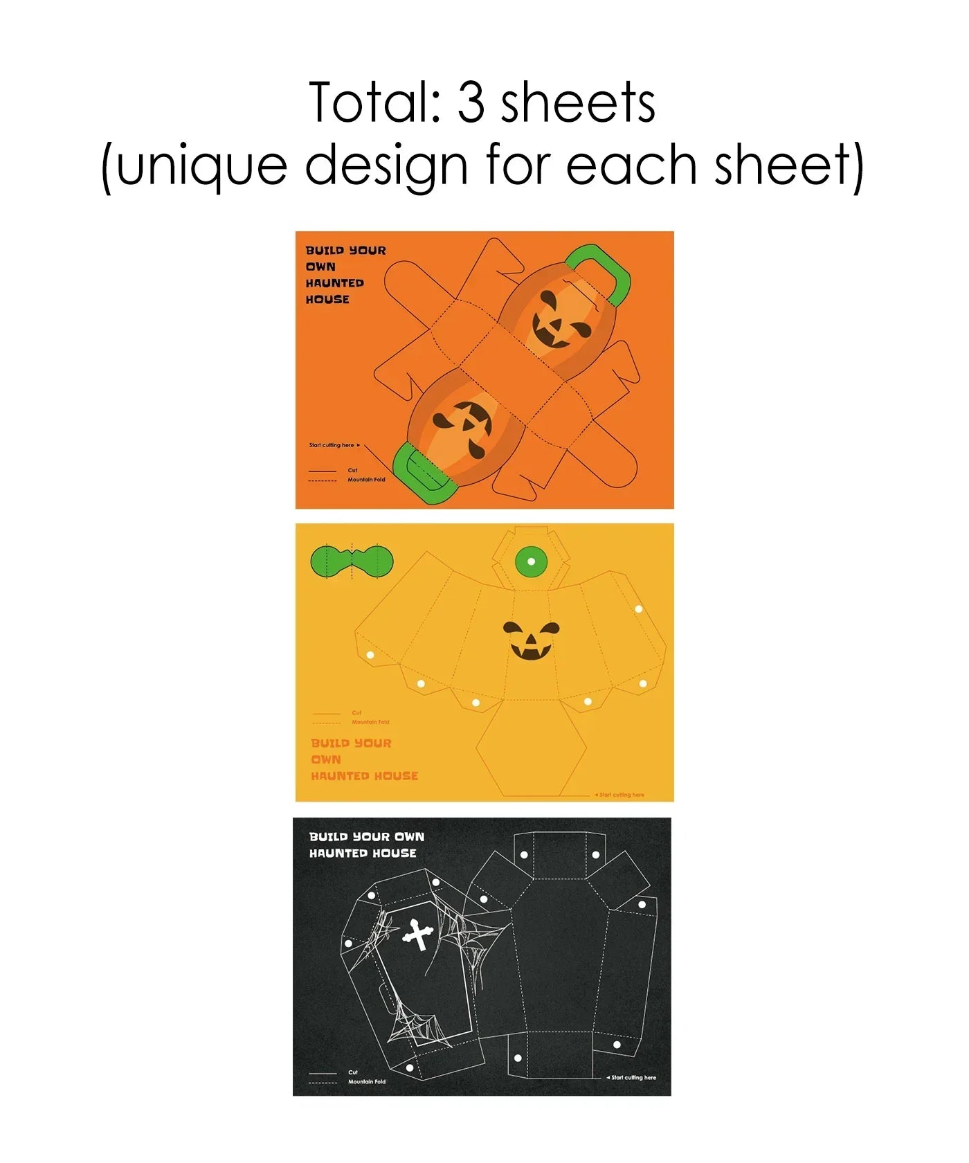 3 Sheets Grabie Exclusive Halloween DIY Kit showing three unique Halloween haunted house craft designs on sheets