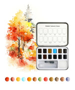 Open watercolor palette with autumn colors and a vibrant tree painting from Autumn-Themed Watercolor Coloring Club Box