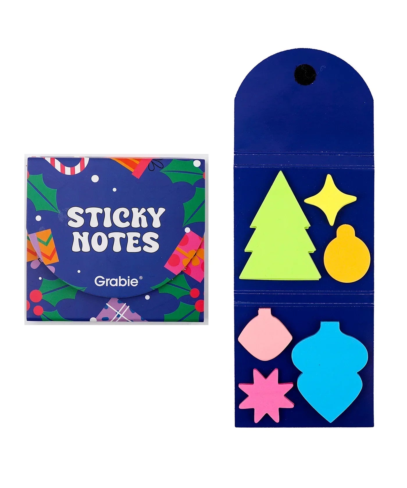 A Pocket Full Of Happiness Sticky Notes in festive shapes and bright colors with holiday-themed packaging.