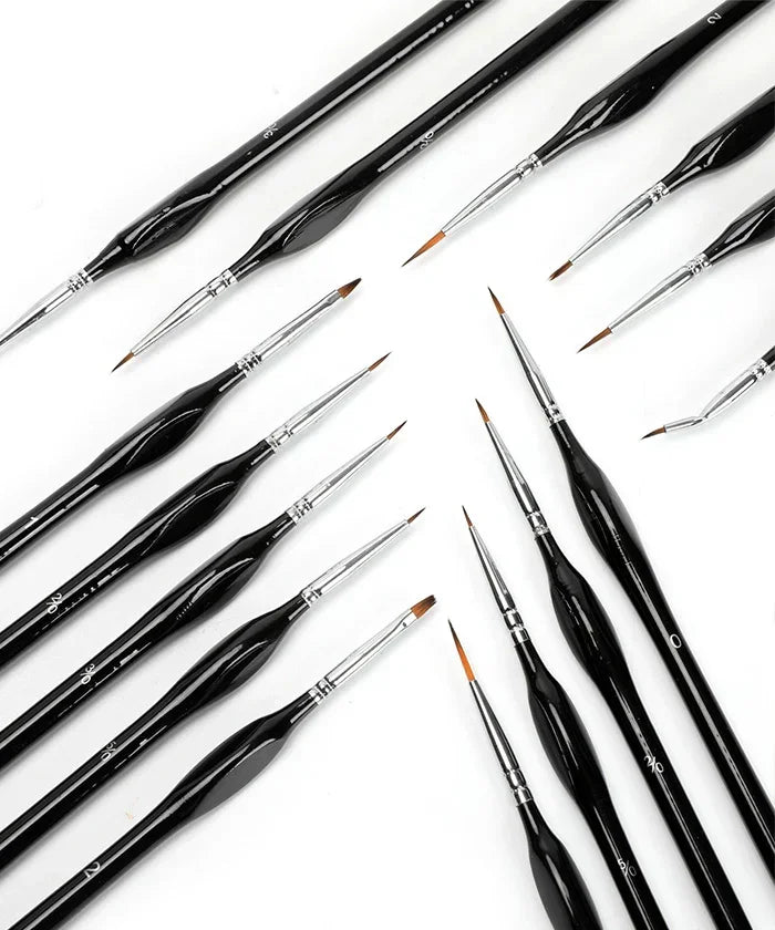 15 Pcs Miniature Detail Brush Set with fine tips and sleek black handles for precise watercolor and art supplies use