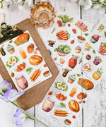 6 Sheets Grabie Exclusive Farmer's Market Sticker Set featuring watercolor illustrations of food and produce for scrapbooking.