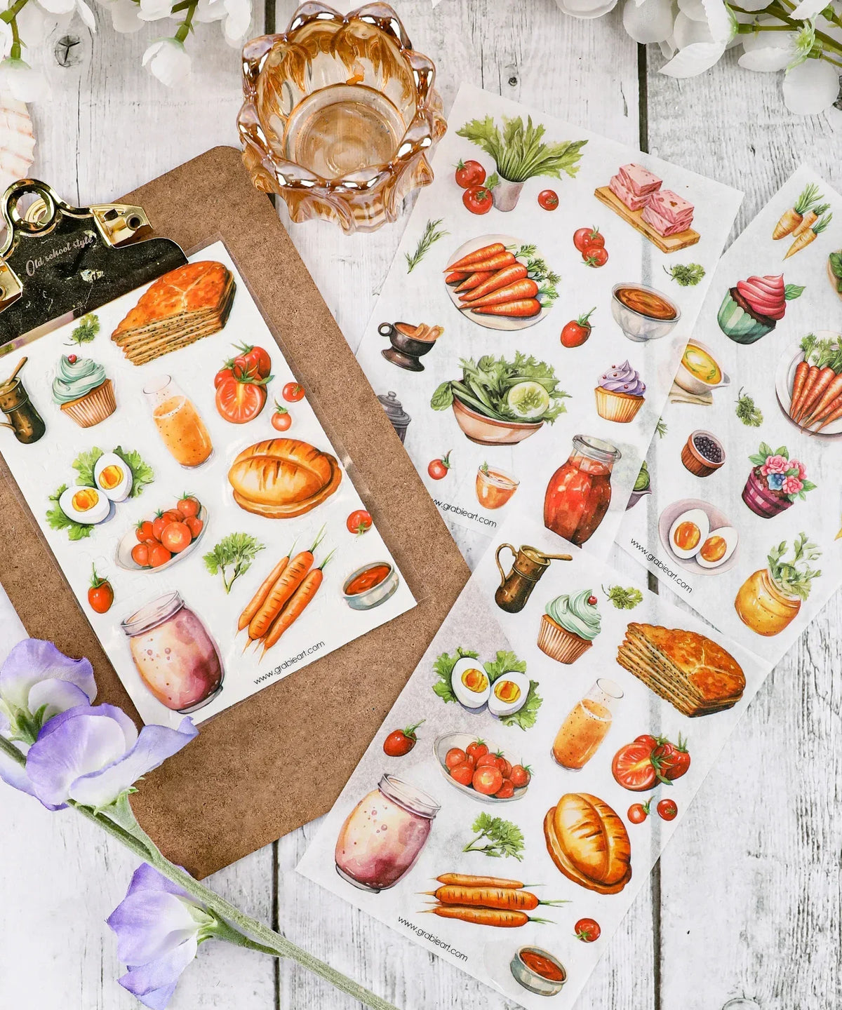 6 Sheets Grabie Exclusive Farmer's Market Sticker Set featuring watercolor illustrations of food and produce for scrapbooking.