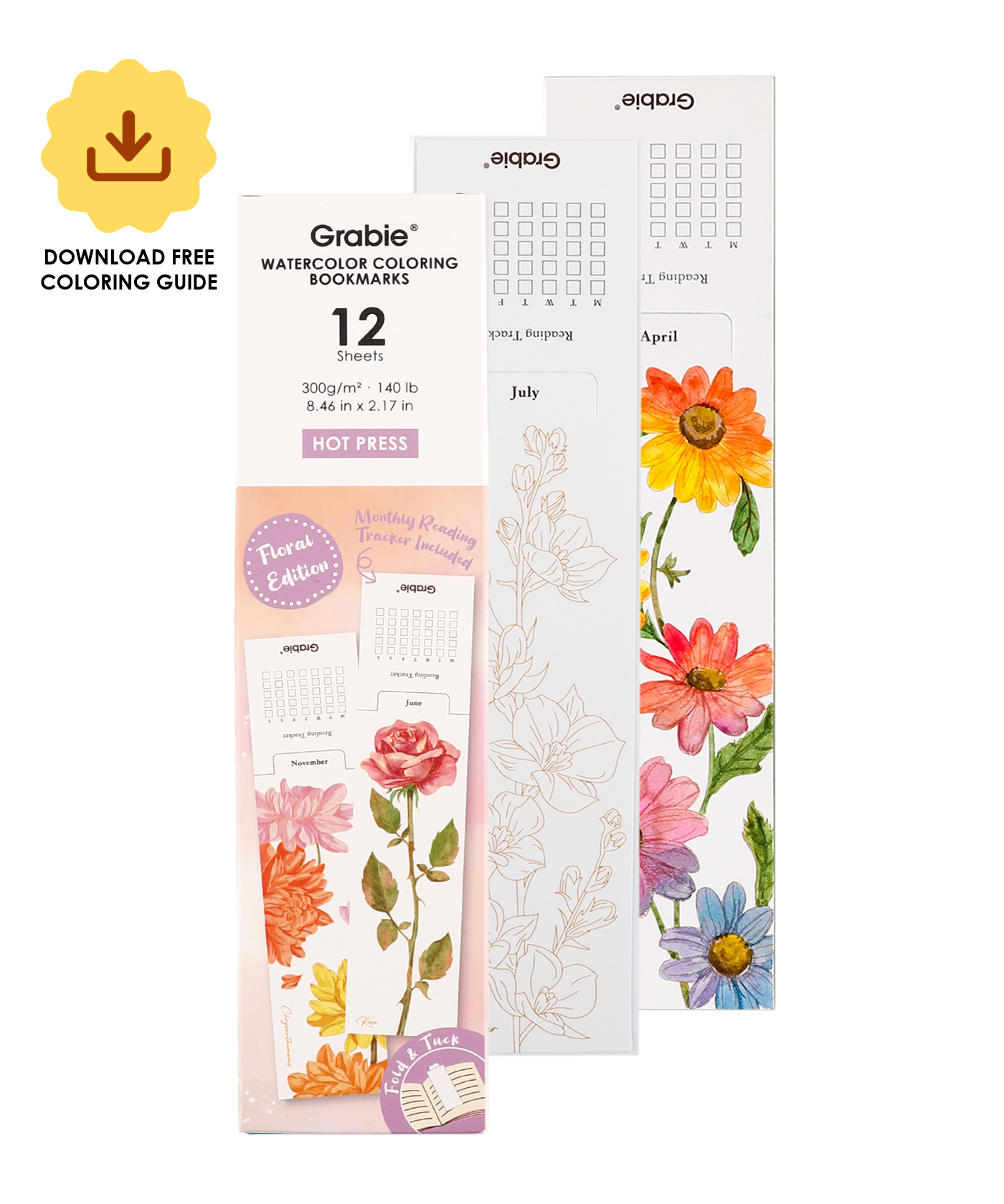 12 Sheets 140lb Watercolor Coloring Bookmarks - Flower Edition
