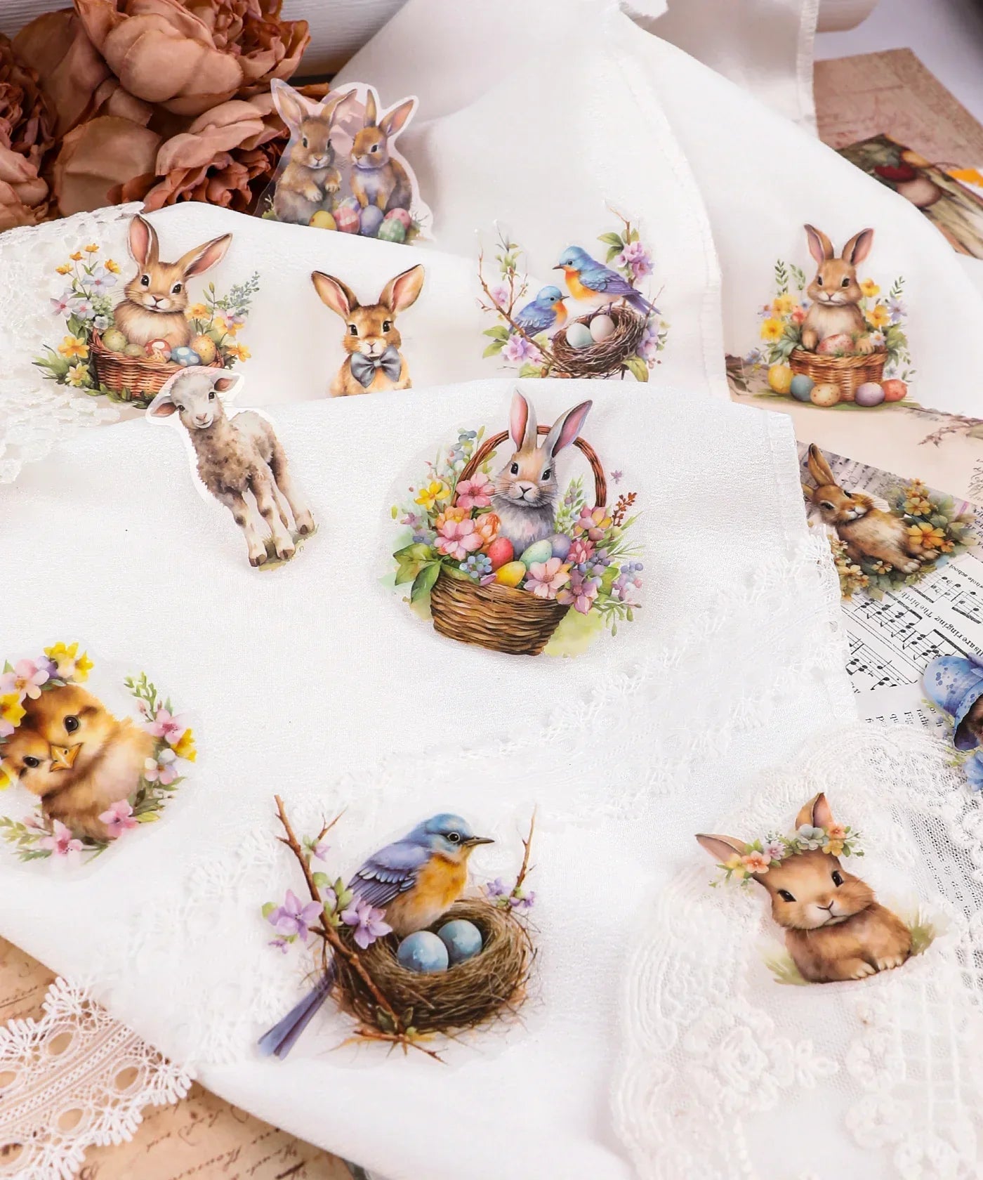 60 Pcs Grabie Exclusive The Magic Of Easter Sticker Set with watercolor bunnies, chicks, lamb, birds, and floral designs.
