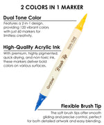 Trace & Color Drawing Kit dual tone marker with flexible brush tip and vibrant high-quality acrylic ink in blue and yellow colors.