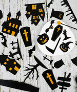 Halloween-themed black and orange paper cutout decorations from the 50 Pcs Grabie Exclusive Such a Fright Sticker Set.