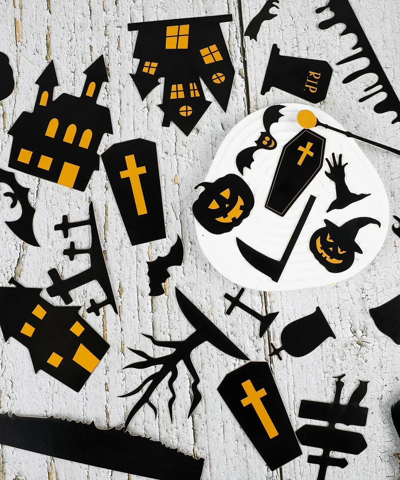 Halloween-themed black and orange paper cutout decorations from the 50 Pcs Grabie Exclusive Such a Fright Sticker Set.