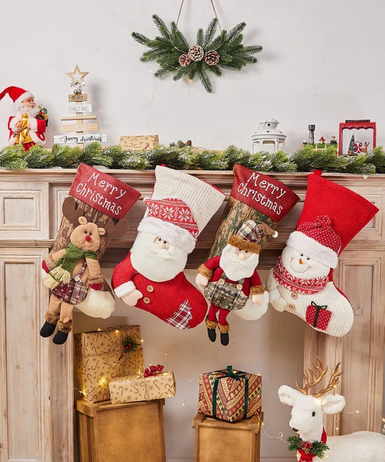 2 Pcs Large Size Christmas Stockings For Gift with festive Santa, snowman, reindeer, and plaid designs hanging on mantelpiece