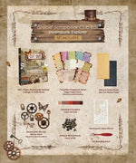 Grabie Scrapbook Club Box with steampunk collage book, paper packs, die cut stickers, ink pad, brads, stencil, and blending brush
