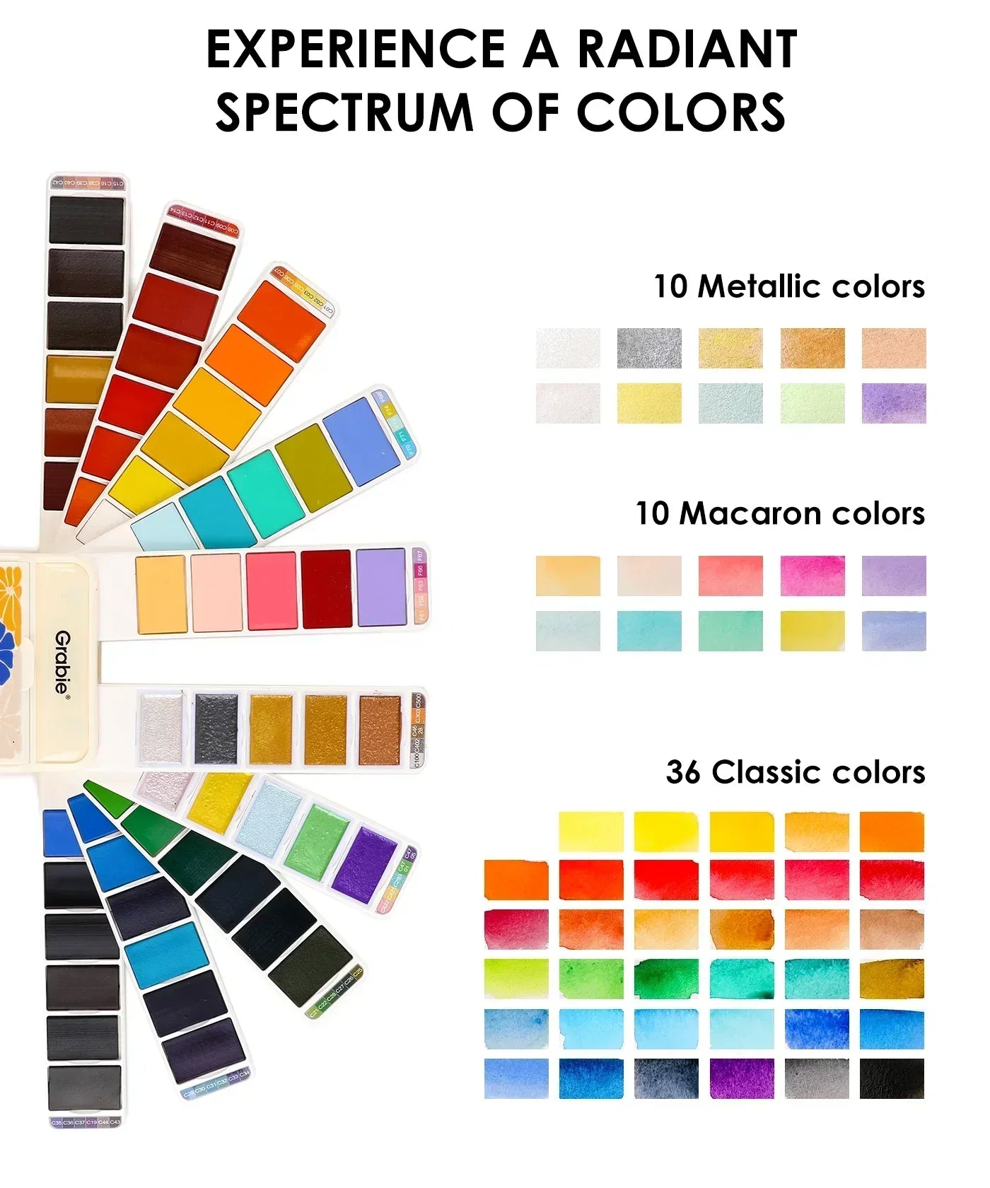 Foldable Watercolor Set Of 56 With 140LB Watercolor Coloring Bookmarks showing metallic, macaron, and classic color palettes arranged in fan shape