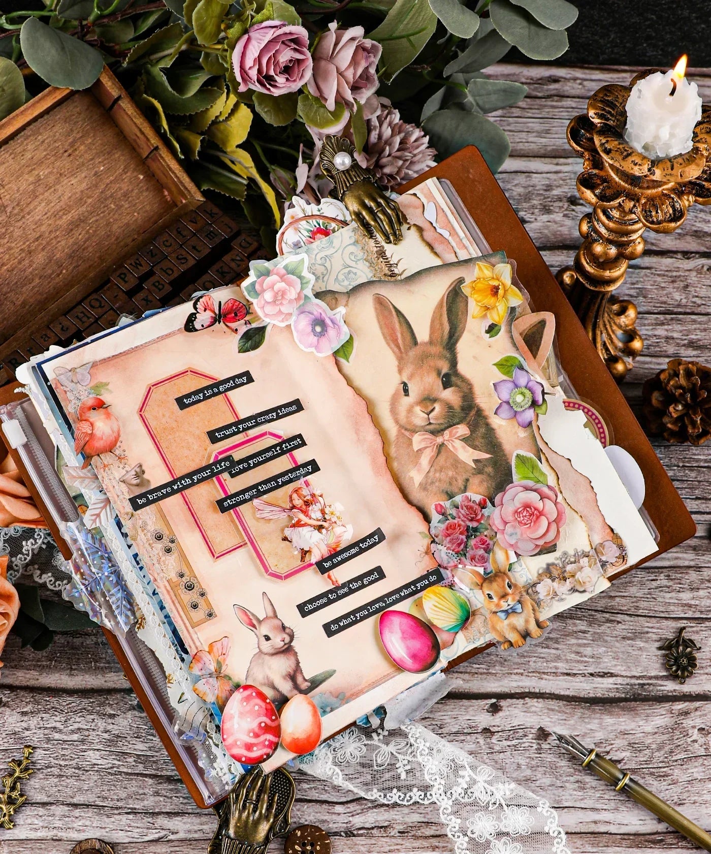 Open scrapbook featuring vintage-style rabbit and floral illustrations using the 20 Sheets Grabie Exclusive Silent Woodland Paper Set