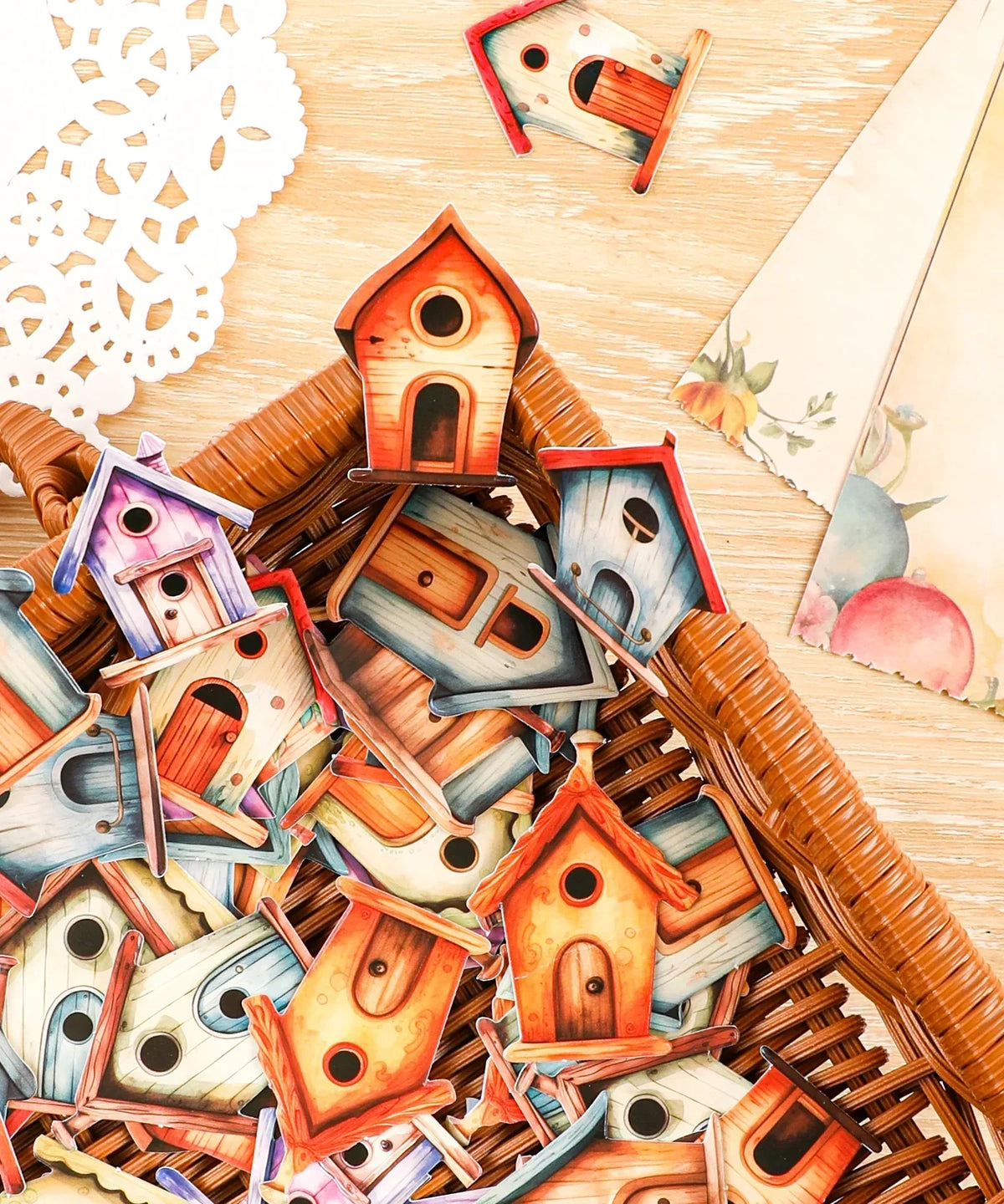 20 Pcs Grabie Exclusive Fairybird House Sticker Set with colorful birdhouse designs in a basket for scrapbook or art supplies.