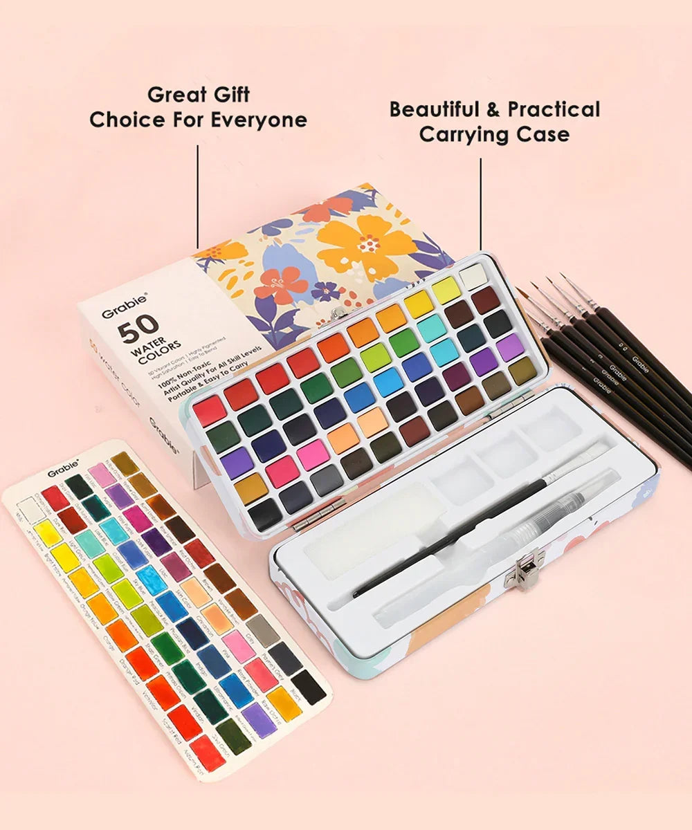Watercolor Coloring Bookmarks With Watercolor Set featuring vibrant paints, brushes, and a floral carrying case for art supplies.
