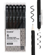 Pack of six black Medium Point Erasable Gel Pen Set with smooth writing and erasable ink by Grabie.