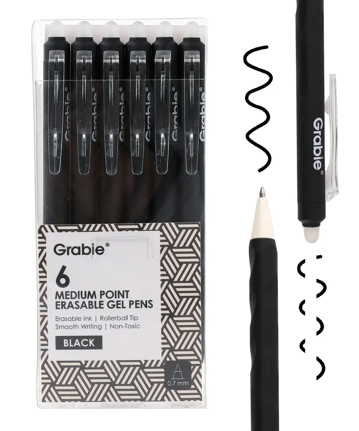 Pack of six black Medium Point Erasable Gel Pen Set with smooth writing and erasable ink by Grabie.