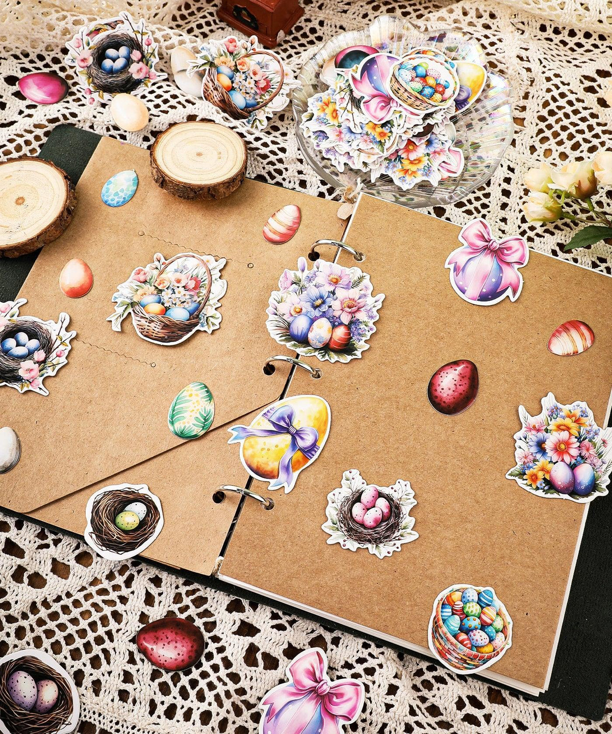 52 Pcs Grabie Exclusive Hoppy Easter Sticker Set featuring colorful Easter egg and floral designs on scrapbook pages