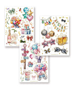 Three colorful sheets from the 8 Sheets Grabie Exclusive New Year Sticker Set featuring balloons, gifts, and festive items.